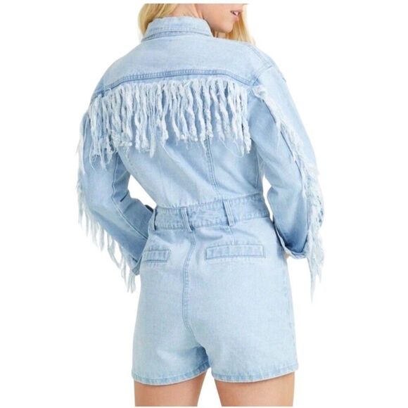 Peach Love Pants - Peach Love California Romper Womens S Blue Light Wash Denim Fringe Belted